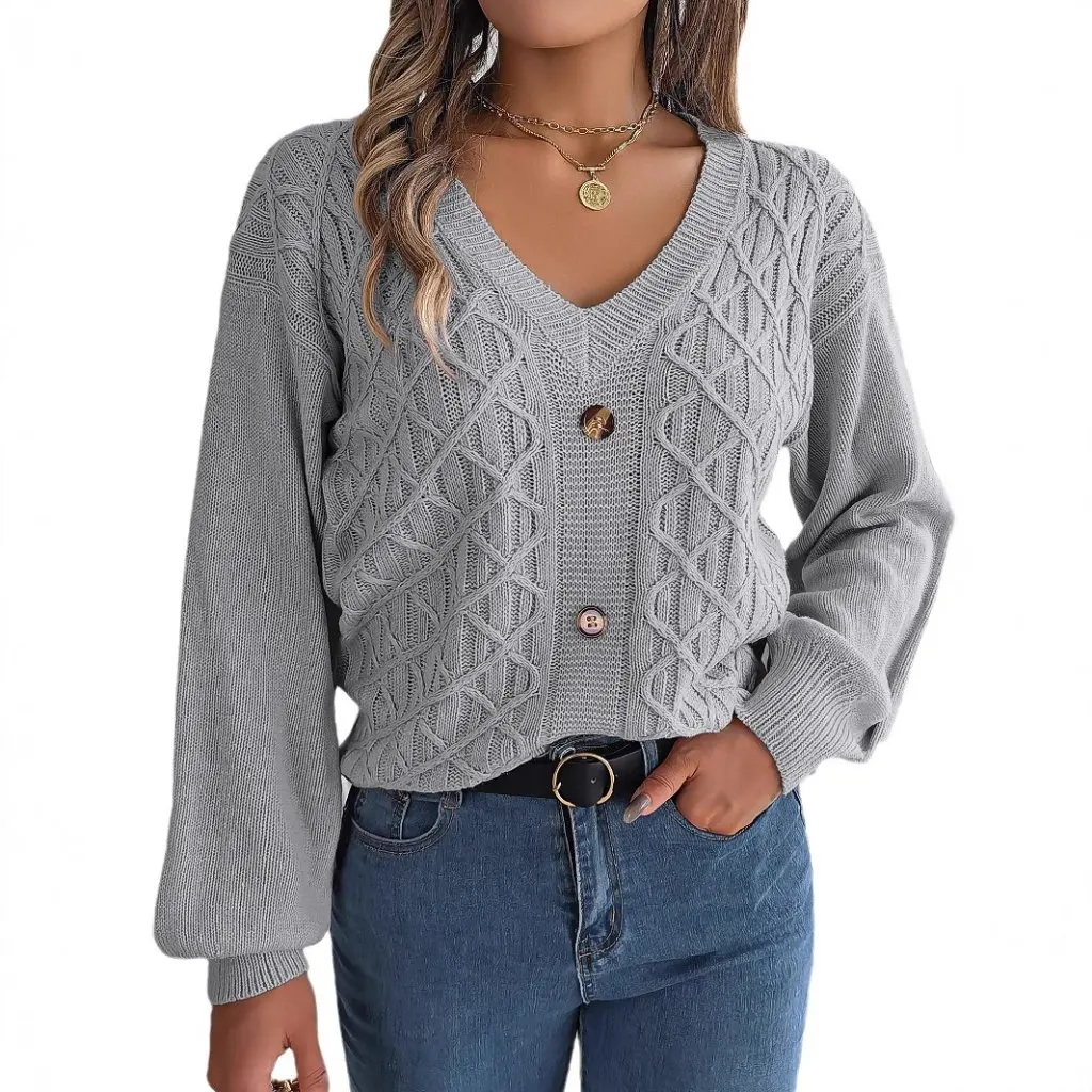 Women's Autumn Winter Casual Button Twist Lantern Sleeve Sweater Independent European Style Pullover Fashion Top
Women's Autumn Winter Casual Button Twist Lantern Sleeve Sweater Independent European Style Pullover Fashion Top