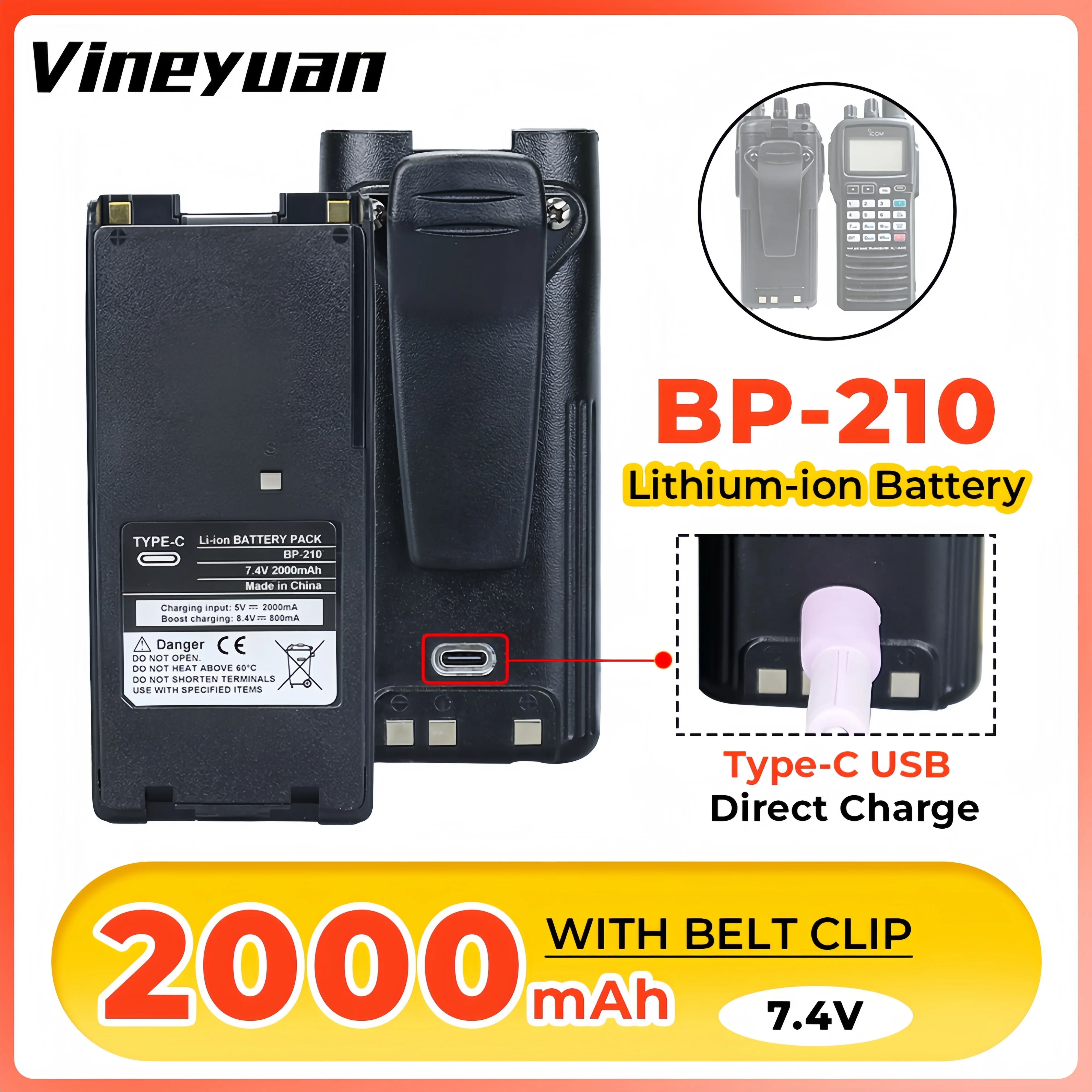 BP-210 2000mAh Type-C USB Replacement Li-ion Battery for ICOM IC-V82 IC-V8 IC-A24 IC-A6E IC-F11 IC-F21 IC-F40GS Two Way Radios
BP-210 2000mAh Type-C USB Replacement Li-ion Battery for ICOM IC-V82 IC-V8 IC-A24 IC-A6E IC-F11 IC-F21 IC-F40GS Two Way Radios