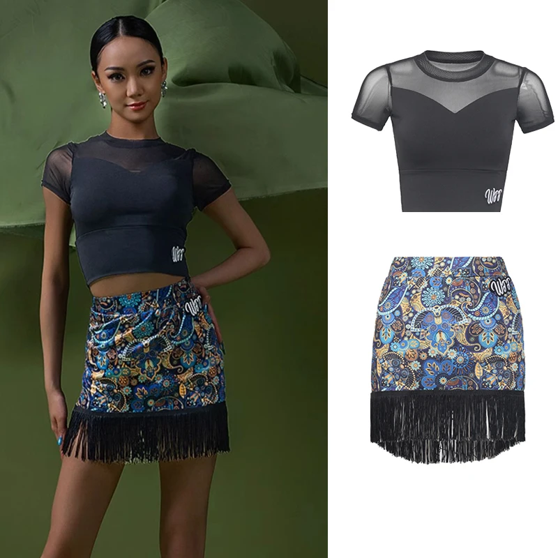 Female Ballroom Dance Clothes Short Sleeves Mesh Top Printed Tassels Skirt Women'S Latin Dance Competition Costumes SL10388
Female Ballroom Dance Clothes Short Sleeves Mesh Top Printed Tassels Skirt Women'S Latin Dance Competition Costumes SL10388