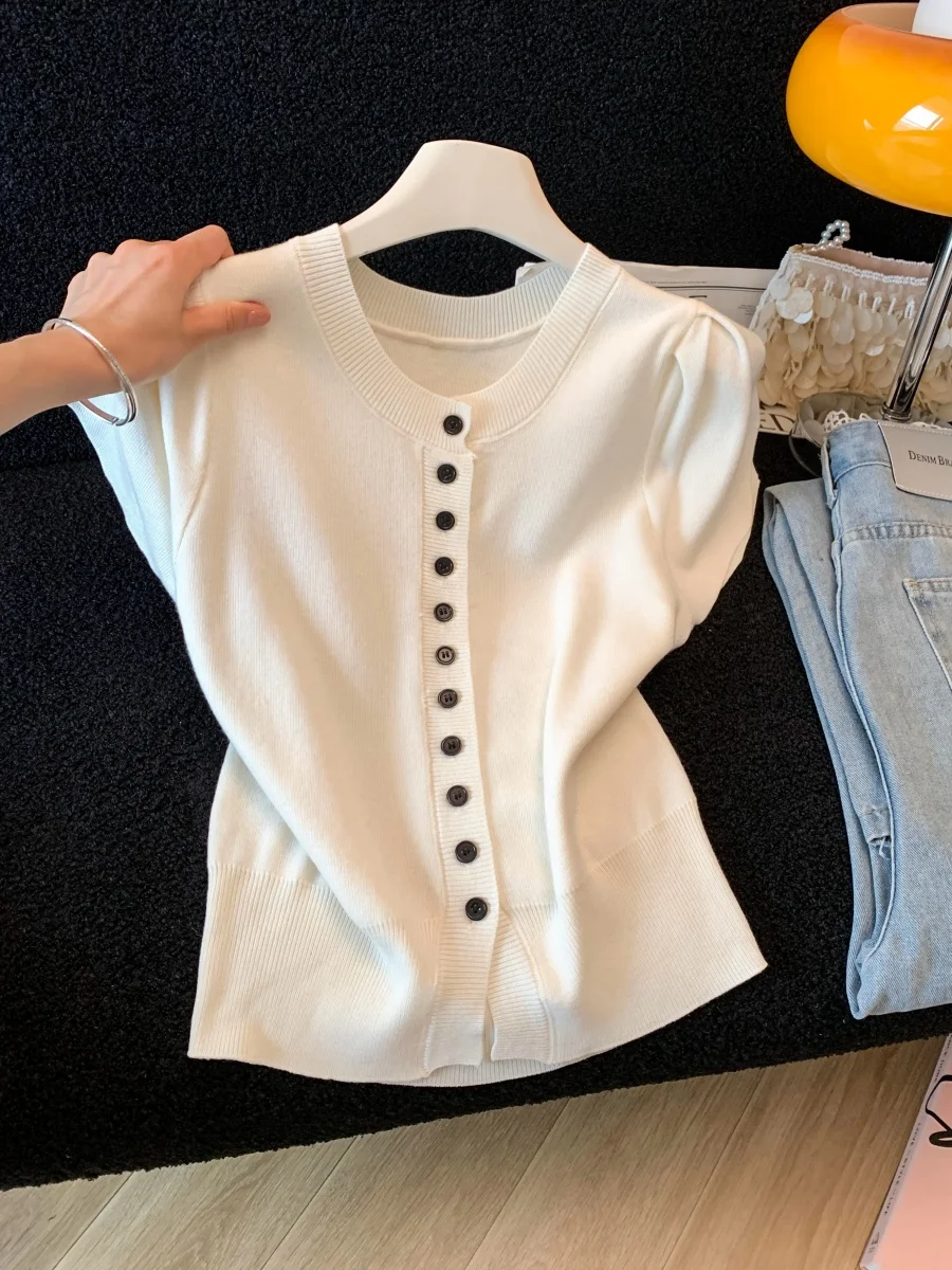 Korean Style round Neck Bubble Sleeve Knitted Cardigan Women's Summer Slim Fit Short Button up Top Design Sense
Korean Style round Neck Bubble Sleeve Knitted Cardigan Women's Summer Slim Fit Short Button up Top Design Sense