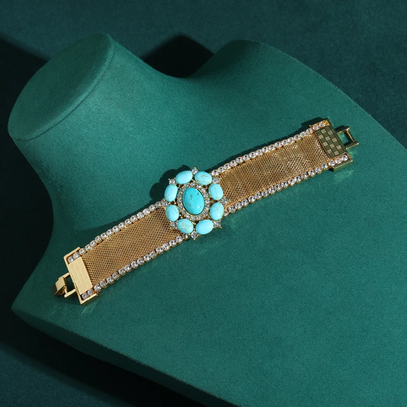 Vintage Oval Turquoise Charm Bracelets Woman Classic Bohemia Style Watch Stripe Gold Color Banquet High Brand Designer Jewelry
Vintage Oval Turquoise Charm Bracelets Woman Classic Bohemia Style Watch Stripe Gold Color Banquet High Brand Designer Jewelry