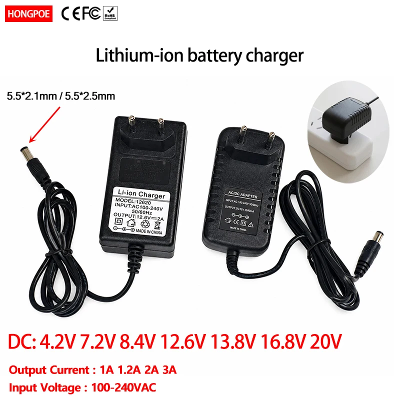 CE Lifepo4 Charger EU/US plug DC 4.2V 7.2V 8.4V 12.6V 13.8V 16.8V 20V 1A 1.2A 2A 3A 100-240VAC for LED TV Household Backup Power
CE Lifepo4 Charger EU/US plug DC 4.2V 7.2V 8.4V 12.6V 13.8V 16.8V 20V 1A 1.2A 2A 3A 100-240VAC for LED TV Household Backup Power