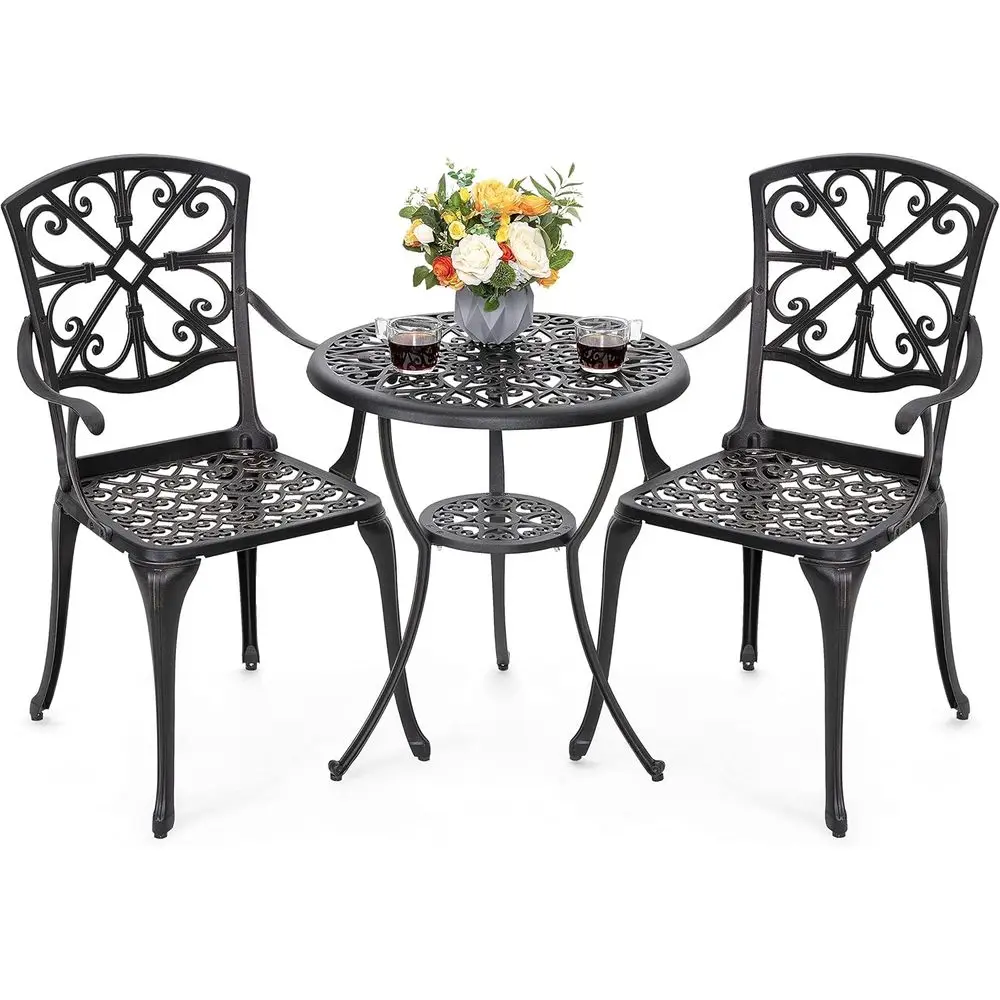3 Piece Outdoor Bistro Set Cast Aluminum Patio Set Bistro Table Set Rustproof Patio Table and Chairs with Umbrella Hole for Back
3 Piece Outdoor Bistro Set Cast Aluminum Patio Set Bistro Table Set Rustproof Patio Table and Chairs with Umbrella Hole for Back