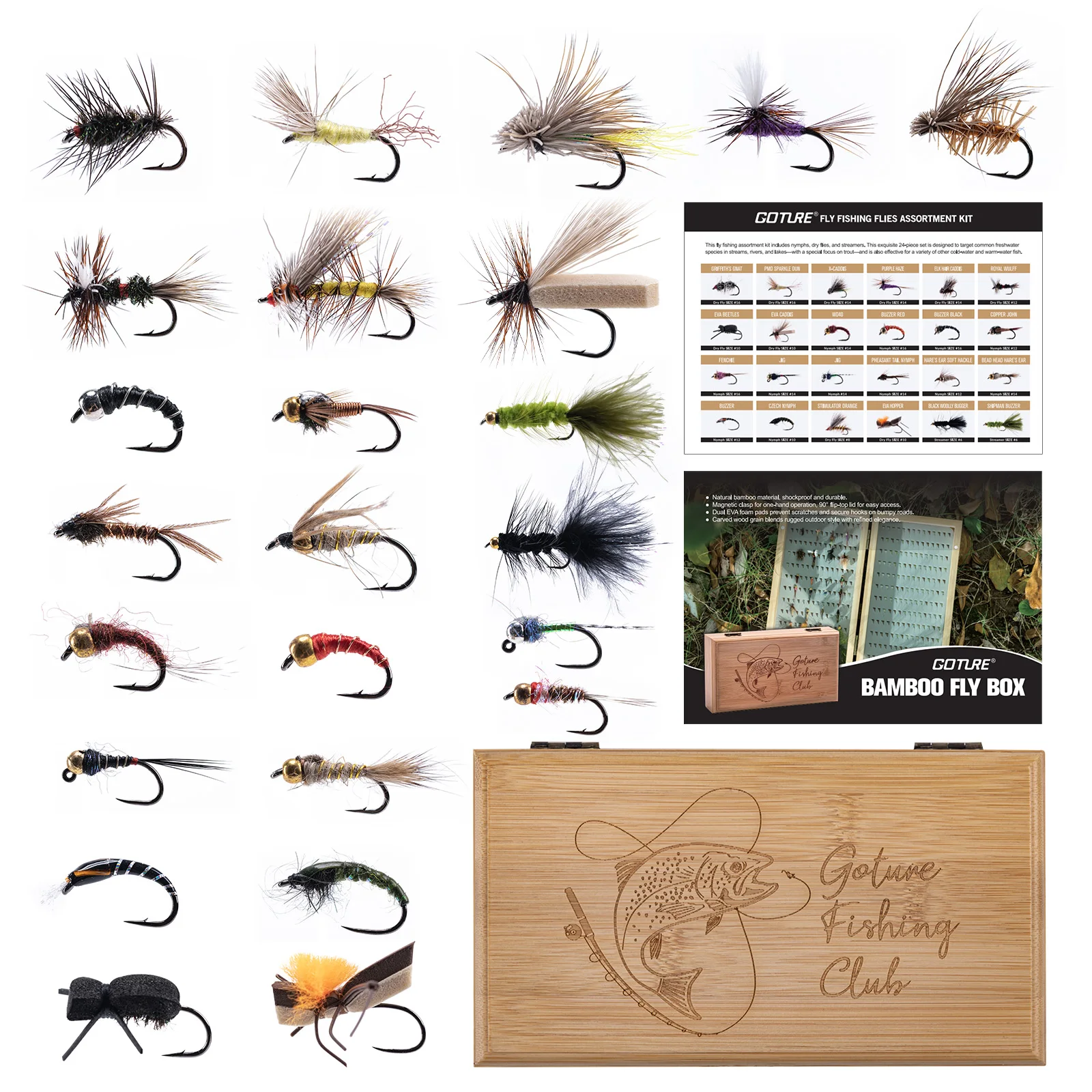 Goture 24/144pcs Fly Fishing Flies Assortment Kit with Bamboo Box Handmade Bionic Flies for Trout Bass Dry Wet Nymph Flies
Goture 24/144pcs Fly Fishing Flies Assortment Kit with Bamboo Box Handmade Bionic Flies for Trout Bass Dry Wet Nymph Flies