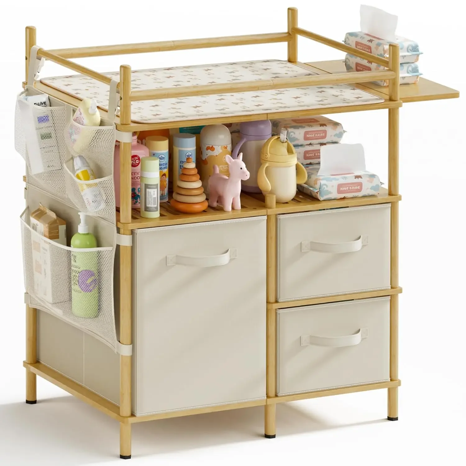 Baby Changing Table Bamboo Dresser with Flat Top Diaper Station 3 Drawers Shelves Pad Mesh Pocket
Baby Changing Table Bamboo Dresser with Flat Top Diaper Station 3 Drawers Shelves Pad Mesh Pocket