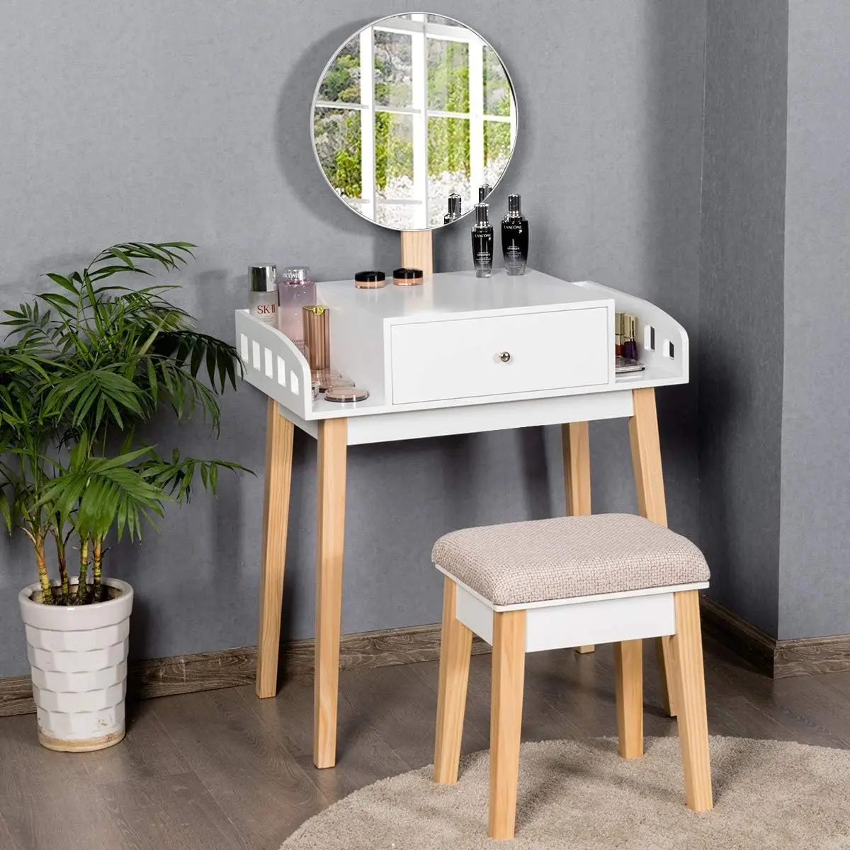 Vanity Table Set with Adjustable Round Mirror, Cushioned Stool, Drawer & Side Storage for Bedroom, White
Vanity Table Set with Adjustable Round Mirror, Cushioned Stool, Drawer & Side Storage for Bedroom, White