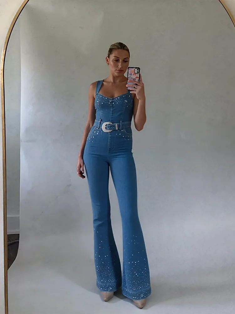 Trendy Women's Denim Sleeveless Jumpsuit With Sparkling Rhinestone Stretch Overalls For Woman Summer Streetwear Chic Outfit
Trendy Women's Denim Sleeveless Jumpsuit With Sparkling Rhinestone Stretch Overalls For Woman Summer Streetwear Chic Outfit