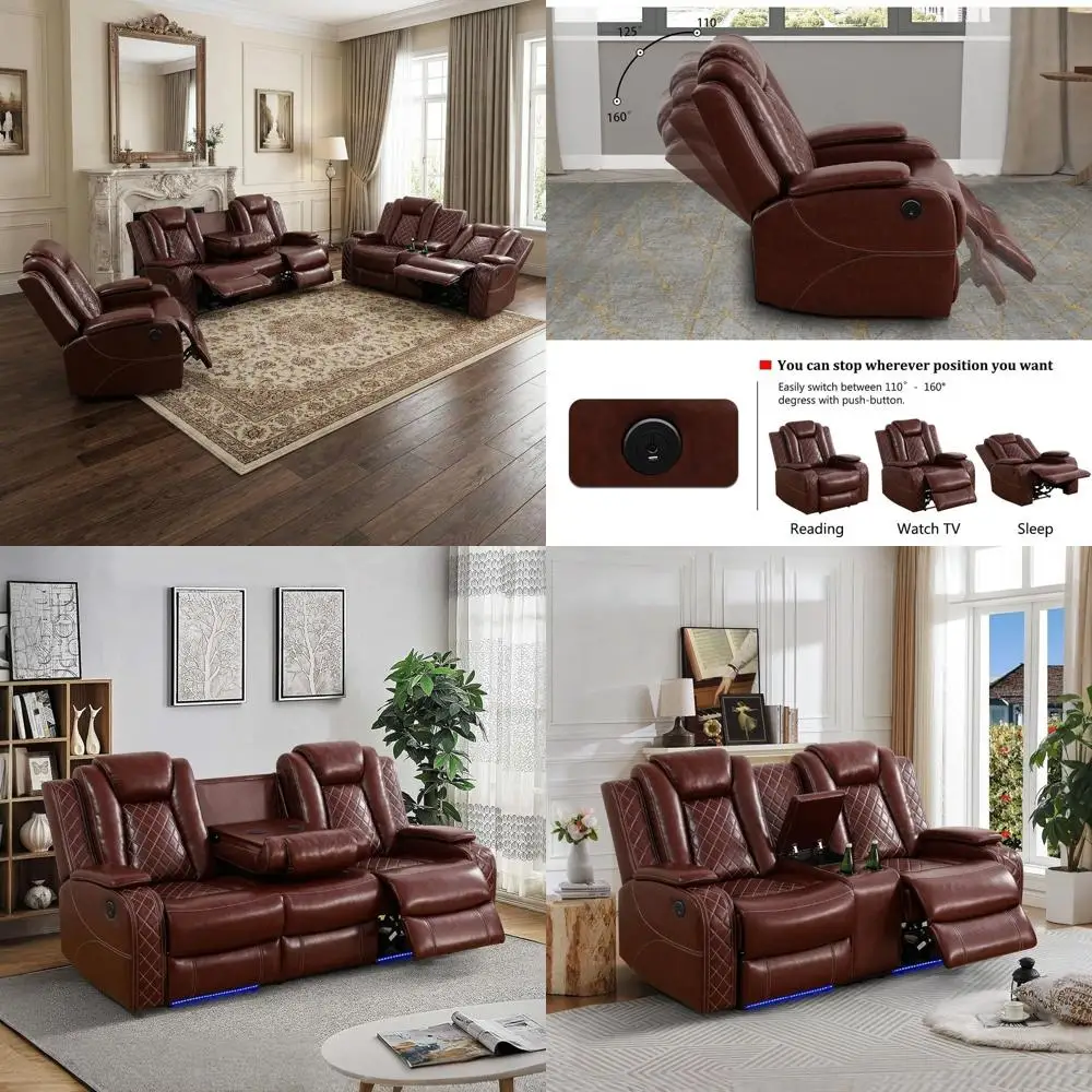 Red 3-Piece Leather Reclining Sofa Set with LED Lights and Cup Holders
Red 3-Piece Leather Reclining Sofa Set with LED Lights and Cup Holders