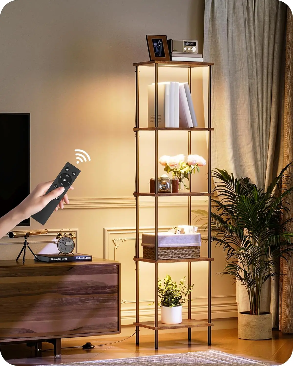 5-Tier Modern Corner Floor Lamp with Shelves, Dimmable LED Light, Remote Control, Timer, 3CCT for Living Room
5-Tier Modern Corner Floor Lamp with Shelves, Dimmable LED Light, Remote Control, Timer, 3CCT for Living Room