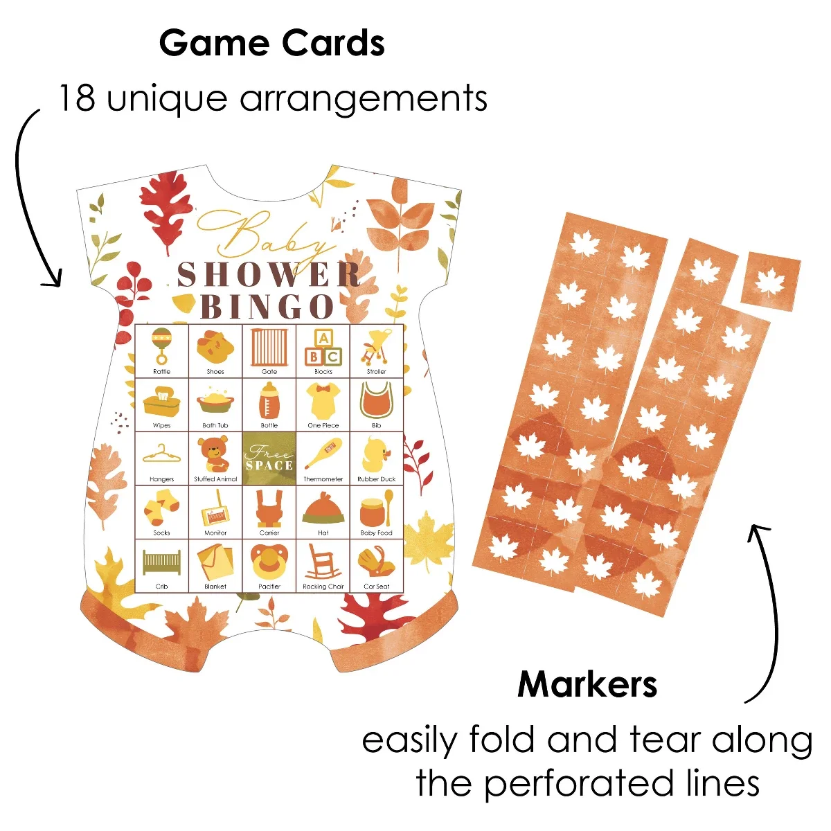 Big Dot of Happiness Fall Foliage Baby - Picture Bingo Cards and Markers - Autumn Leaves Baby Shower Shaped Bingo Game - Set of 18
Big Dot of Happiness Fall Foliage Baby - Picture Bingo Cards and Markers - Autumn Leaves Baby Shower Shaped Bingo Game - Set of 18
