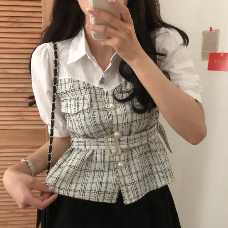 Pearl Button Short Sleeve Shirt Women's Waist-Cinching Jacket Fake Two-Piece Lightweight Luxury Style Casual Wear Spring Summer
Pearl Button Short Sleeve Shirt Women's Waist-Cinching Jacket Fake Two-Piece Lightweight Luxury Style Casual Wear Spring Summer