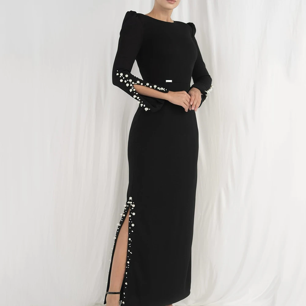 Customized Simple Black O-neck Jersey Evening Dress Full Sleeves With Pearls Party Dress Zipper Ankle Length Prom Gown For Women
Customized Simple Black O-neck Jersey Evening Dress Full Sleeves With Pearls Party Dress Zipper Ankle Length Prom Gown For Women