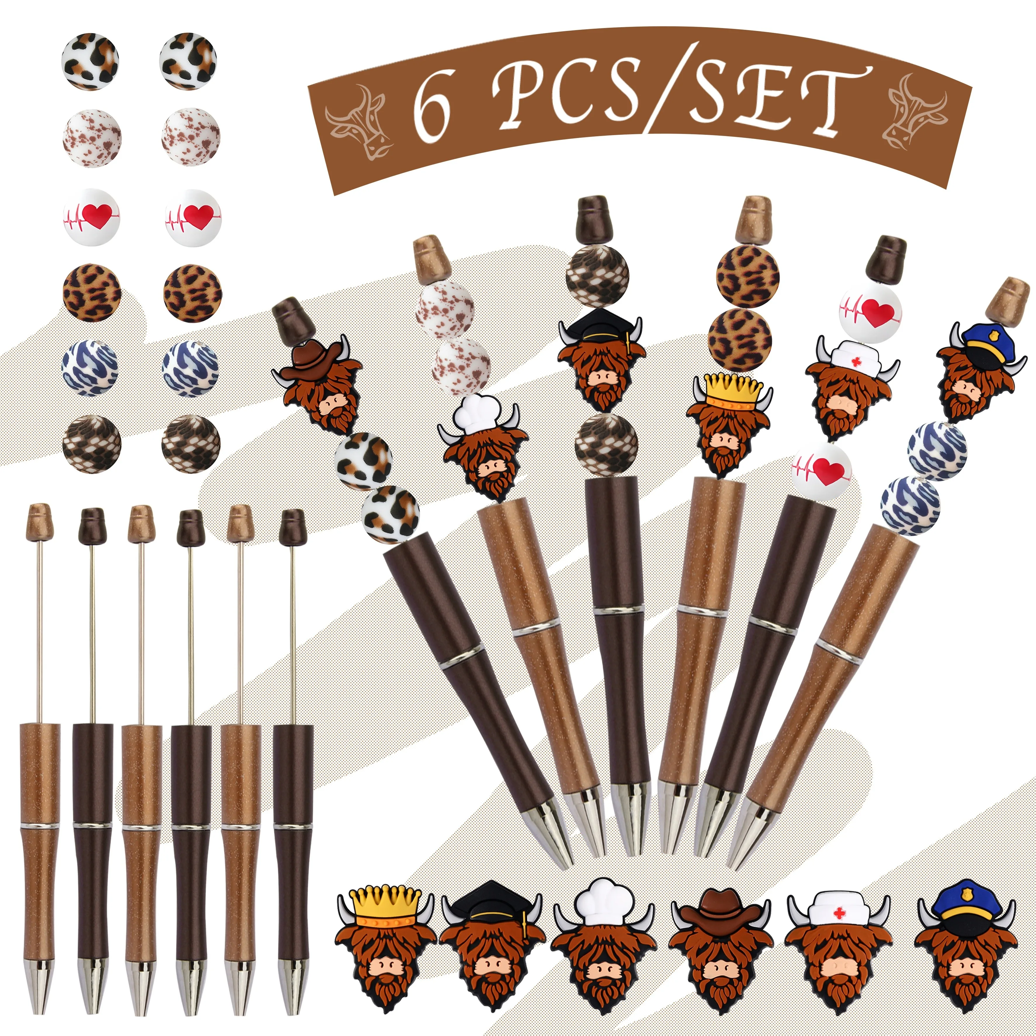 6pcs/set brown Highland Bull DIY bead pens, Highland Bull ballpoint pen set, suitable for writing, learning, and office use
6pcs/set brown Highland Bull DIY bead pens, Highland Bull ballpoint pen set, suitable for writing, learning, and office use