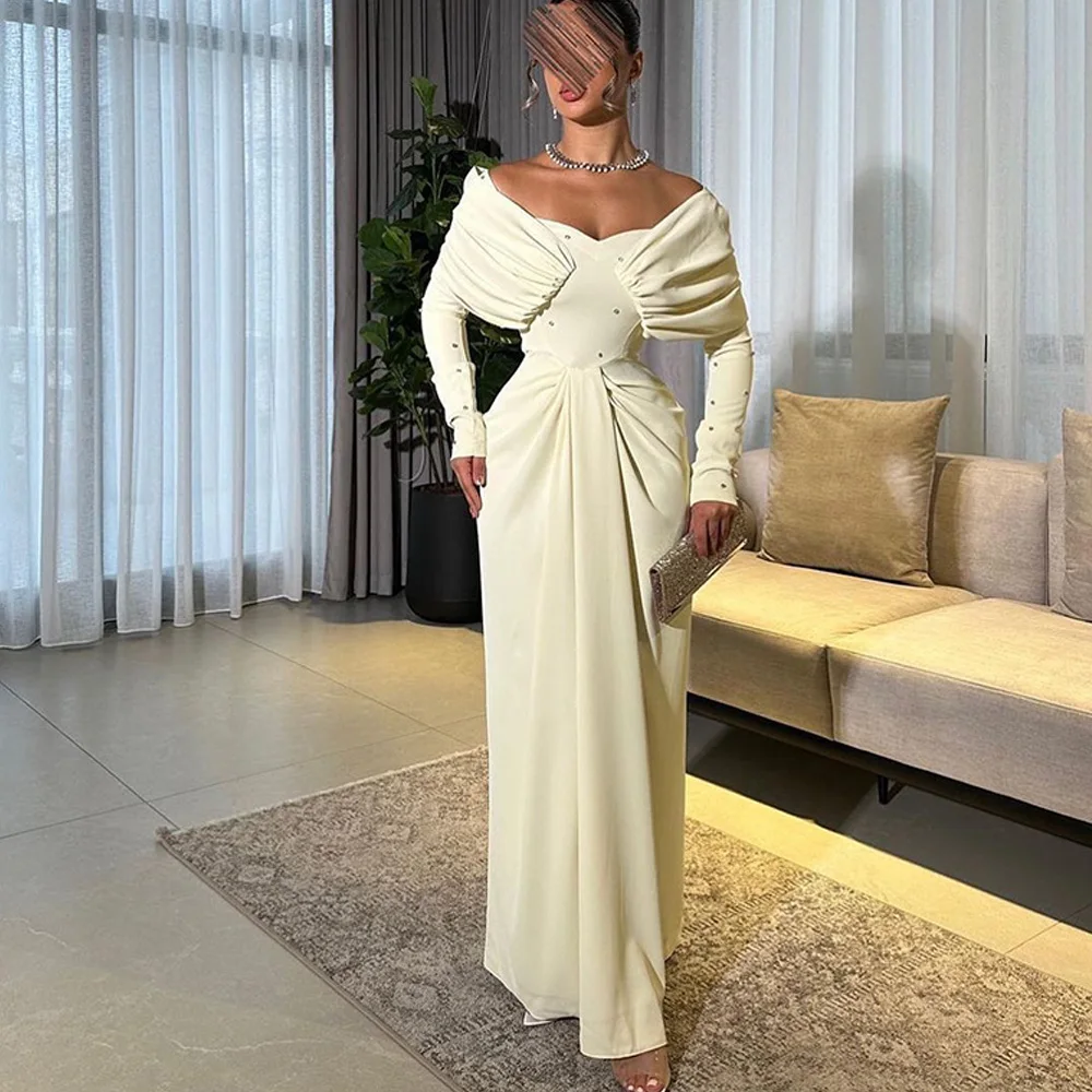 Customized Luxury Off the Shoulder Jersey Straight Evening Dress Delicate Floor Length Strapless Long Sleeves Party Gowns Custo
Customized Luxury Off the Shoulder Jersey Straight Evening Dress Delicate Floor Length Strapless Long Sleeves Party Gowns Custo