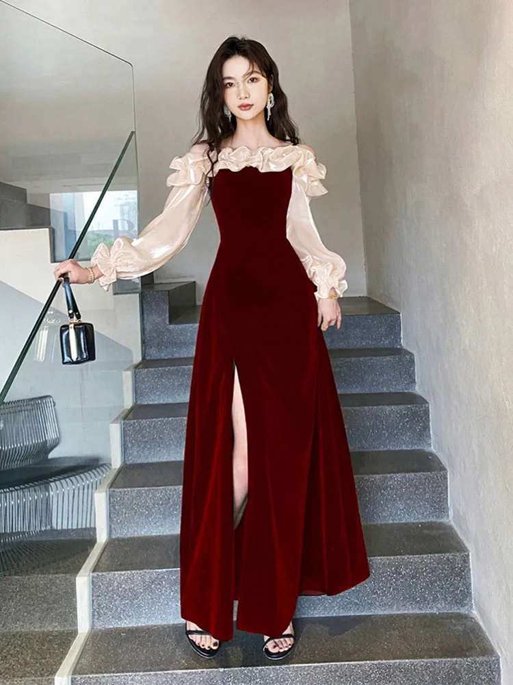 Off Shoulder Wedding Bride Gowns Long Sleeved Patchwork Women's Toasting Dress 2024 Spring New Elegant Boat Neck Slit Dresses
Off Shoulder Wedding Bride Gowns Long Sleeved Patchwork Women's Toasting Dress 2024 Spring New Elegant Boat Neck Slit Dresses