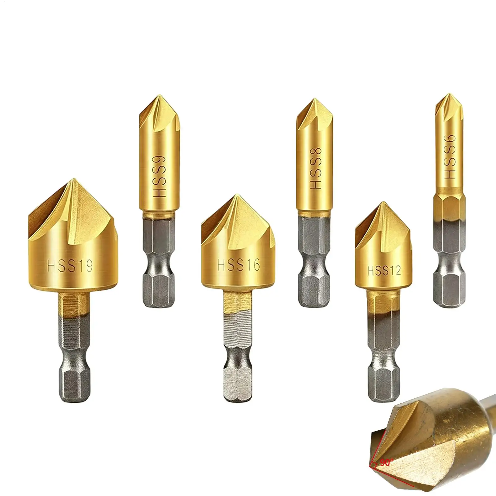 Titanium Coated Chamfer Bits 6 Pieces Hex Shank Heavy Duty 5-flute Furniture Repair Countersink Drill Bit For Professionals
Titanium Coated Chamfer Bits 6 Pieces Hex Shank Heavy Duty 5-flute Furniture Repair Countersink Drill Bit For Professionals