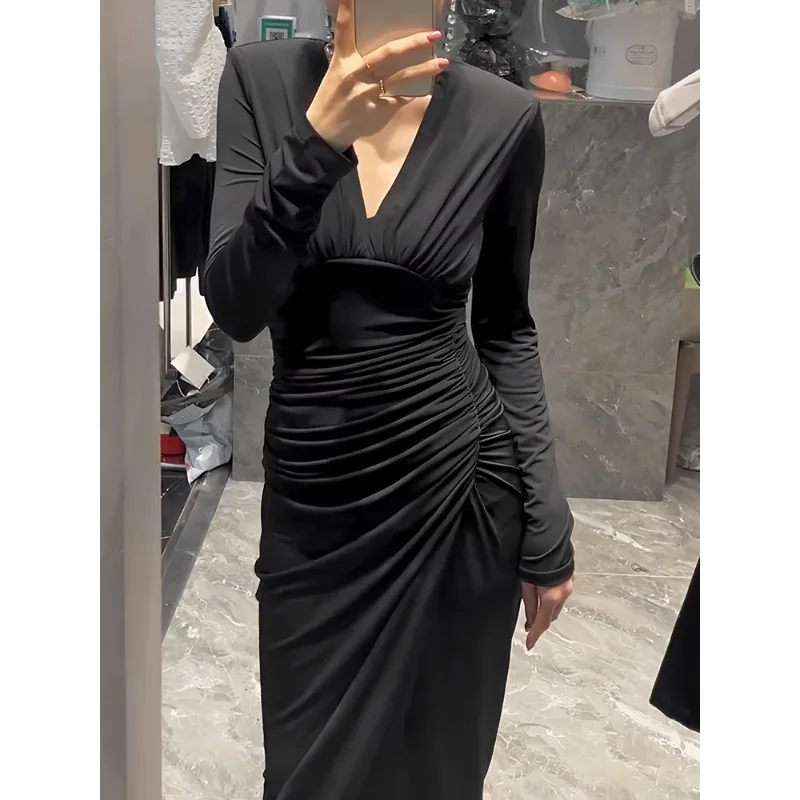Temperament V-neck Dresses for Women New French Hepburn Style Pleated Waistband Hip Midi dress
Temperament V-neck Dresses for Women New French Hepburn Style Pleated Waistband Hip Midi dress