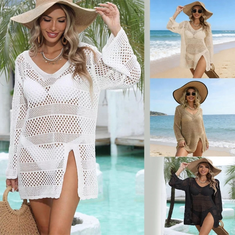 Hollowed Knitted V Neck Side Slit Beach Shirt with Long Sleeves For Sunbathing
Hollowed Knitted V Neck Side Slit Beach Shirt with Long Sleeves For Sunbathing