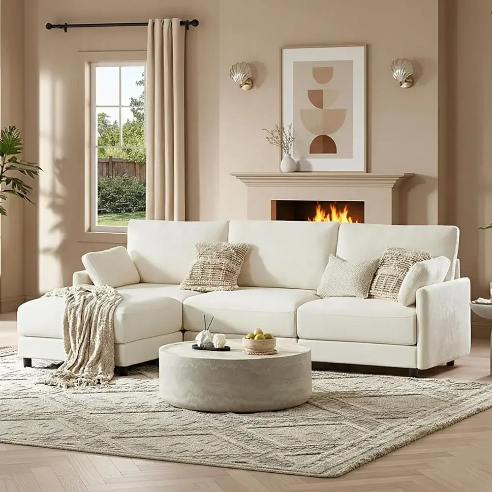 L-Shaped Sectional Sofa with Ottoman, Cloud-Inspired Couch for Living Room, 4-Seat Comfort Sofa, Removable Cover, 107 Width, Cre
L-Shaped Sectional Sofa with Ottoman, Cloud-Inspired Couch for Living Room, 4-Seat Comfort Sofa, Removable Cover, 107 Width, Cre