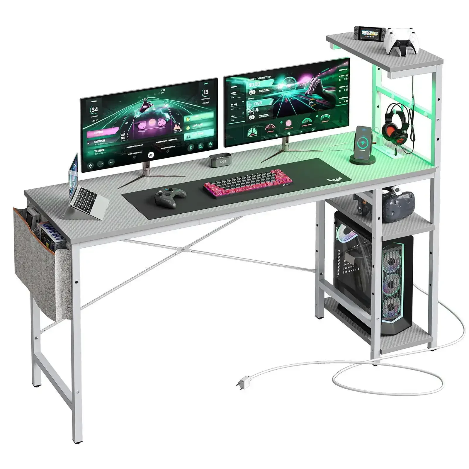 61" Reversible Gaming Computer Desk with Power Outlet LED Desk with 4 Tier Shelves, Grey Carbon Fiber
61" Reversible Gaming Computer Desk with Power Outlet LED Desk with 4 Tier Shelves, Grey Carbon Fiber