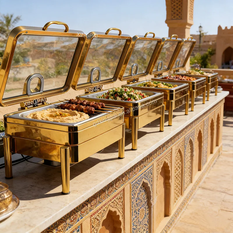 XINGPAI Arabic Restaurant Supplies 304 Stainless Steel Buffet Stove Rectangle Luxury Gold Chaffing Dishes For Buffet
XINGPAI Arabic Restaurant Supplies 304 Stainless Steel Buffet Stove Rectangle Luxury Gold Chaffing Dishes For Buffet