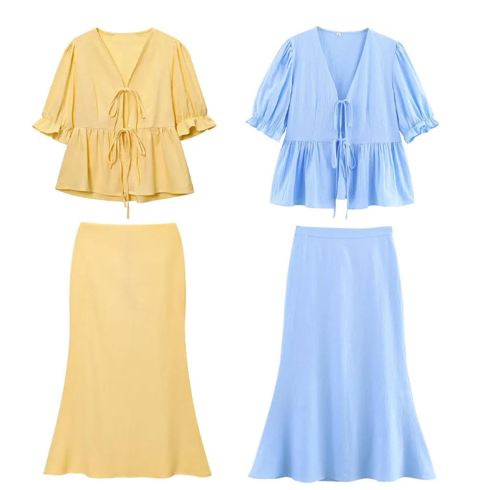 UNIZERA women's shirt with lace up bubble sleeves solid color mid waist skirt temperament summer new style skirt
UNIZERA women's shirt with lace up bubble sleeves solid color mid waist skirt temperament summer new style skirt