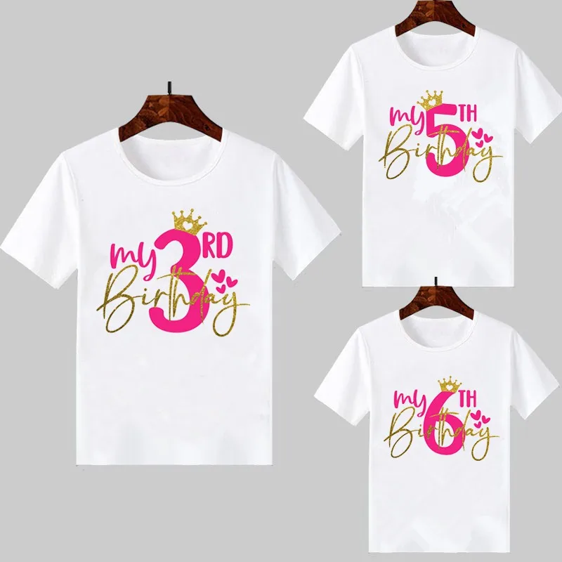 My 3-10th Birthday Number Golden Crown Letters Print Baby Clothes Girl T-Shirt Lovely Summer Top White Tshirt Children Kids Gift
My 3-10th Birthday Number Golden Crown Letters Print Baby Clothes Girl T-Shirt Lovely Summer Top White Tshirt Children Kids Gift