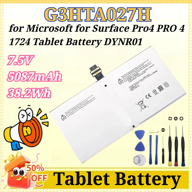 7.5V 5087mAh 38.2Wh G3HTA027H for Microsoft for Surface Pro4 PRO 4 1724 Tablet Battery DYNR01
7.5V 5087mAh 38.2Wh G3HTA027H for Microsoft for Surface Pro4 PRO 4 1724 Tablet Battery DYNR01