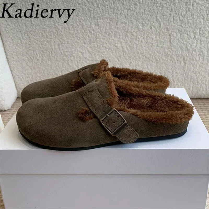 Winter Slippers Women Round Toe Flat Slides Metal Buckle Mules Shoes Woman Cow Suede Outdoor Wool Warm Half Slippers Woman
Winter Slippers Women Round Toe Flat Slides Metal Buckle Mules Shoes Woman Cow Suede Outdoor Wool Warm Half Slippers Woman
