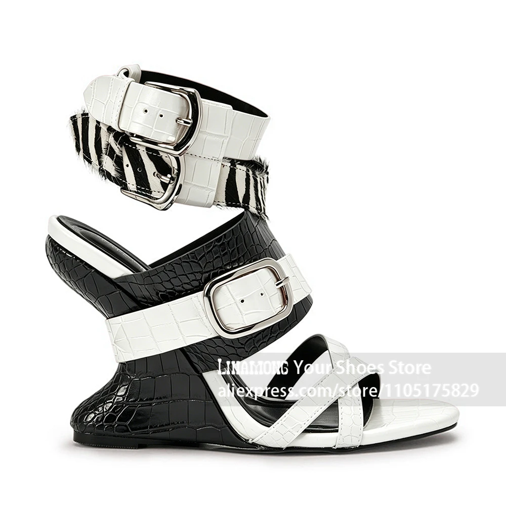 Sculpted Wedge Zebra Faux Horsehair Sandals Metal Buckle Strap Open Toe Wedge Heels Multi Strap Designer Style Summer Footwear
Sculpted Wedge Zebra Faux Horsehair Sandals Metal Buckle Strap Open Toe Wedge Heels Multi Strap Designer Style Summer Footwear