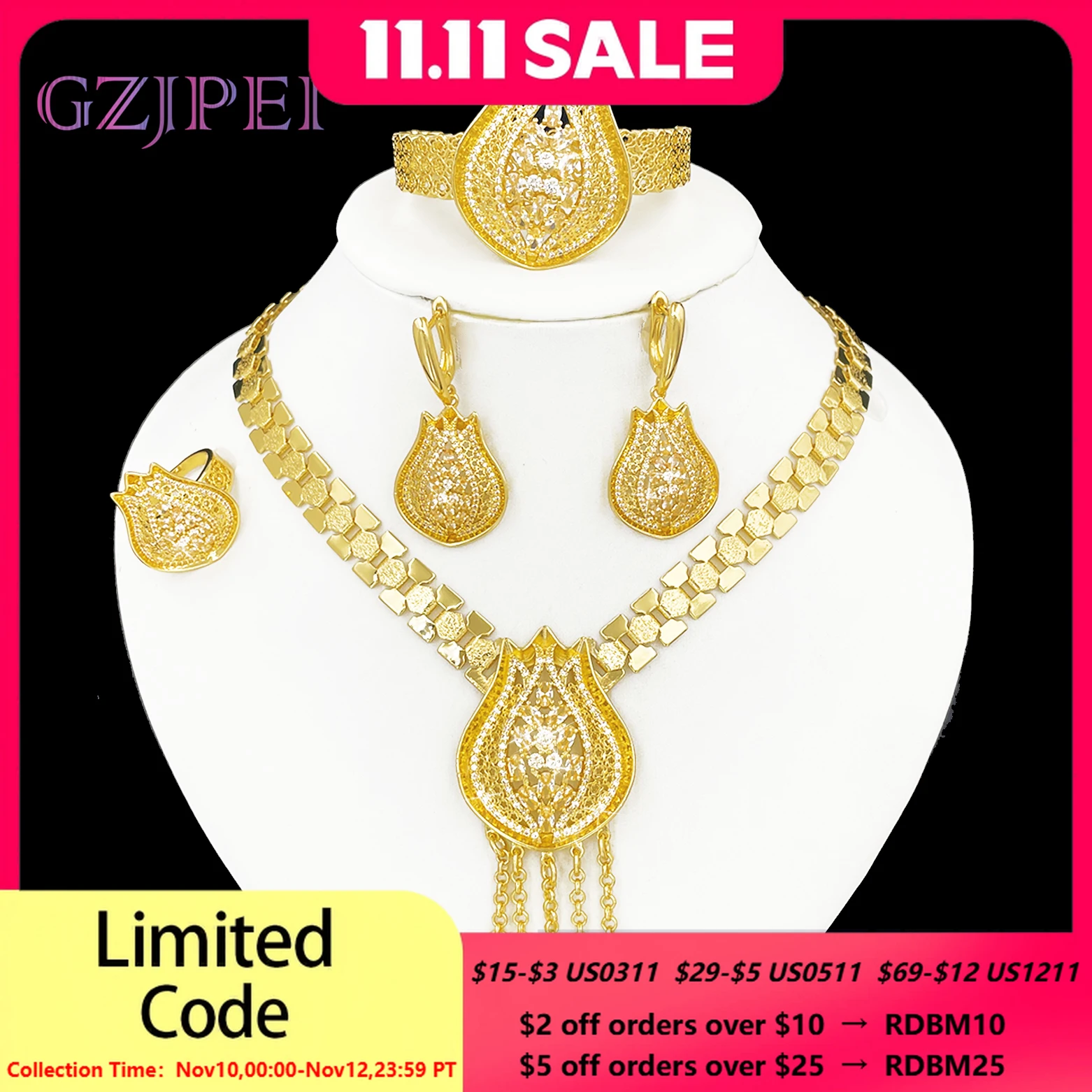 GZJPEI Dubai Gold Color Hollow Jewelry Set Shiny White Zircon Tassel Necklace Bracelet Earring Ring 4Pcs/Set Wedding Jewellery
GZJPEI Dubai Gold Color Hollow Jewelry Set Shiny White Zircon Tassel Necklace Bracelet Earring Ring 4Pcs/Set Wedding Jewellery