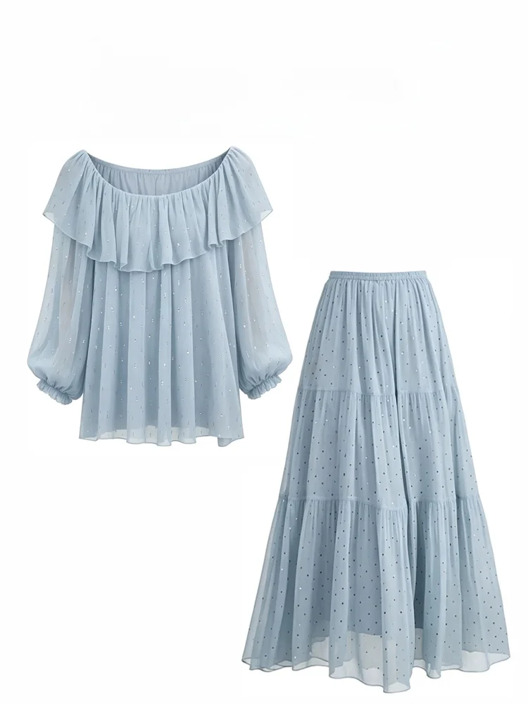 Fashionable Casual Summer Outfit Women's One Shoulder Pleated Glitter Top Half Skirt Two Piece Set round Neck Short Sleeve
Fashionable Casual Summer Outfit Women's One Shoulder Pleated Glitter Top Half Skirt Two Piece Set round Neck Short Sleeve