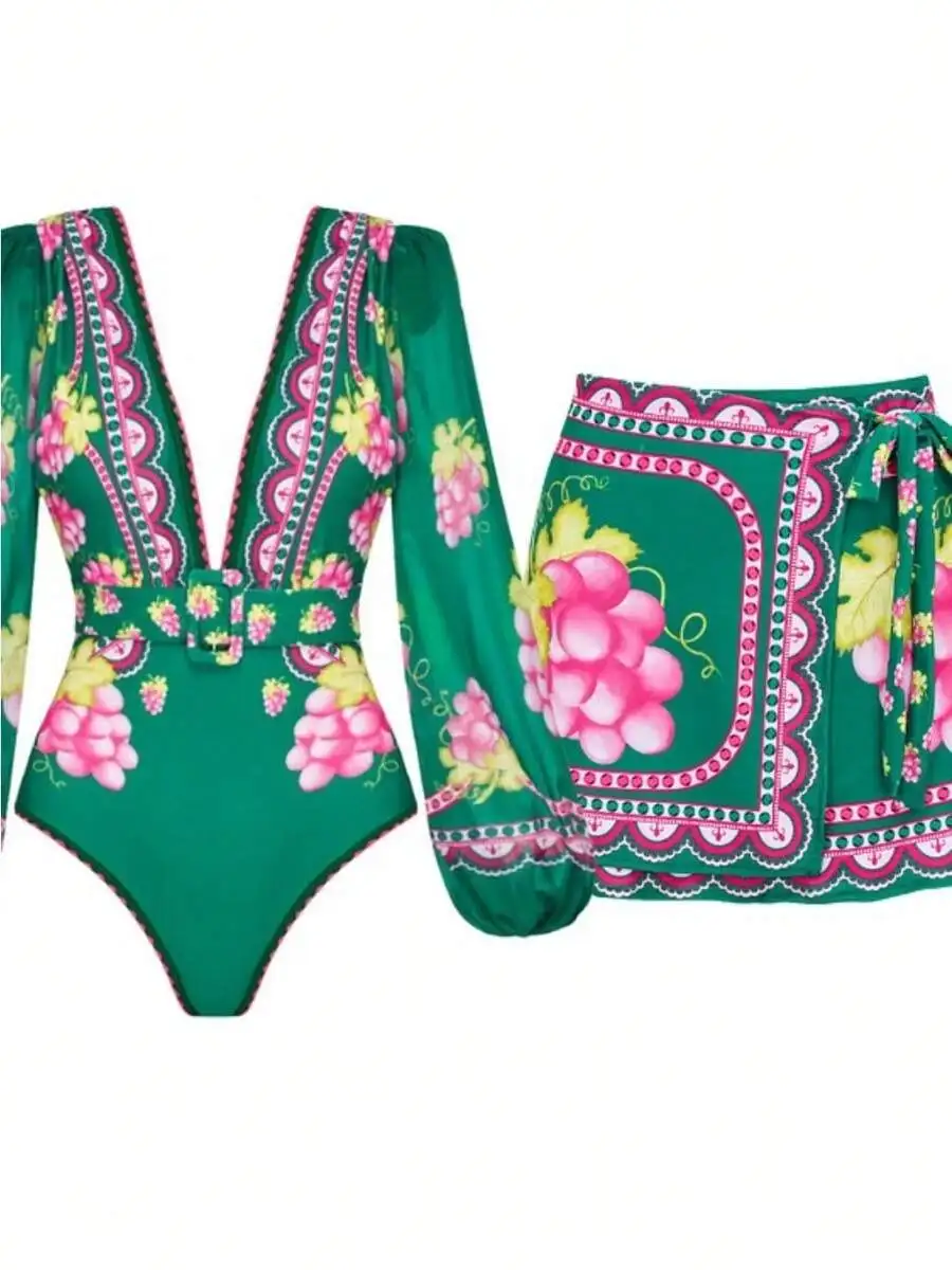 Womens Deep V Long Sleeve Retro Floral Print Two Piece Swimsuit Set
Womens Deep V Long Sleeve Retro Floral Print Two Piece Swimsuit Set