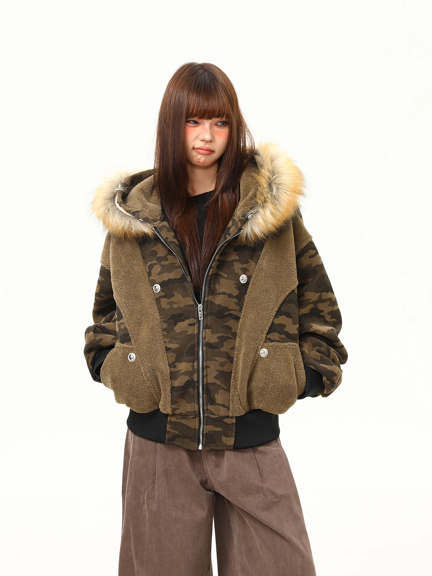 Wild American Street Sle Camouflage Patchwork Fur Collar Jaet Women's Winter Warm Fce ort Cotton Coat Trendy
Wild American Street Sle Camouflage Patchwork Fur Collar Jaet Women's Winter Warm Fce ort Cotton Coat Trendy