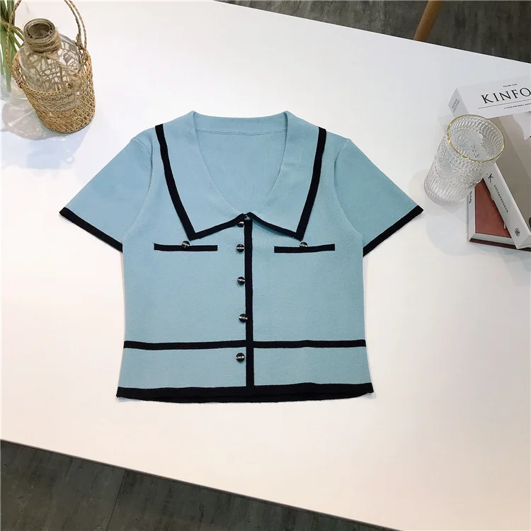 1430 Knitted Short Sleeve T-Shirt 2023 Summer New Korean Style Slim Fit Elegant Color Block Top For Women
1430 Knitted Short Sleeve T-Shirt 2023 Summer New Korean Style Slim Fit Elegant Color Block Top For Women