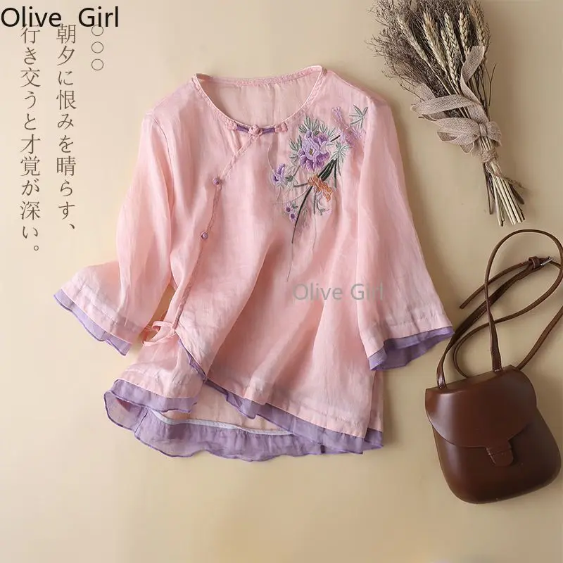 Blouse Cotton Linen Button-up Embroidered Three-quarter Sleeve Ethnic 2025 Spring Summer New T-shirt Oblique Front Women's Shirt
Blouse Cotton Linen Button-up Embroidered Three-quarter Sleeve Ethnic 2025 Spring Summer New T-shirt Oblique Front Women's Shirt