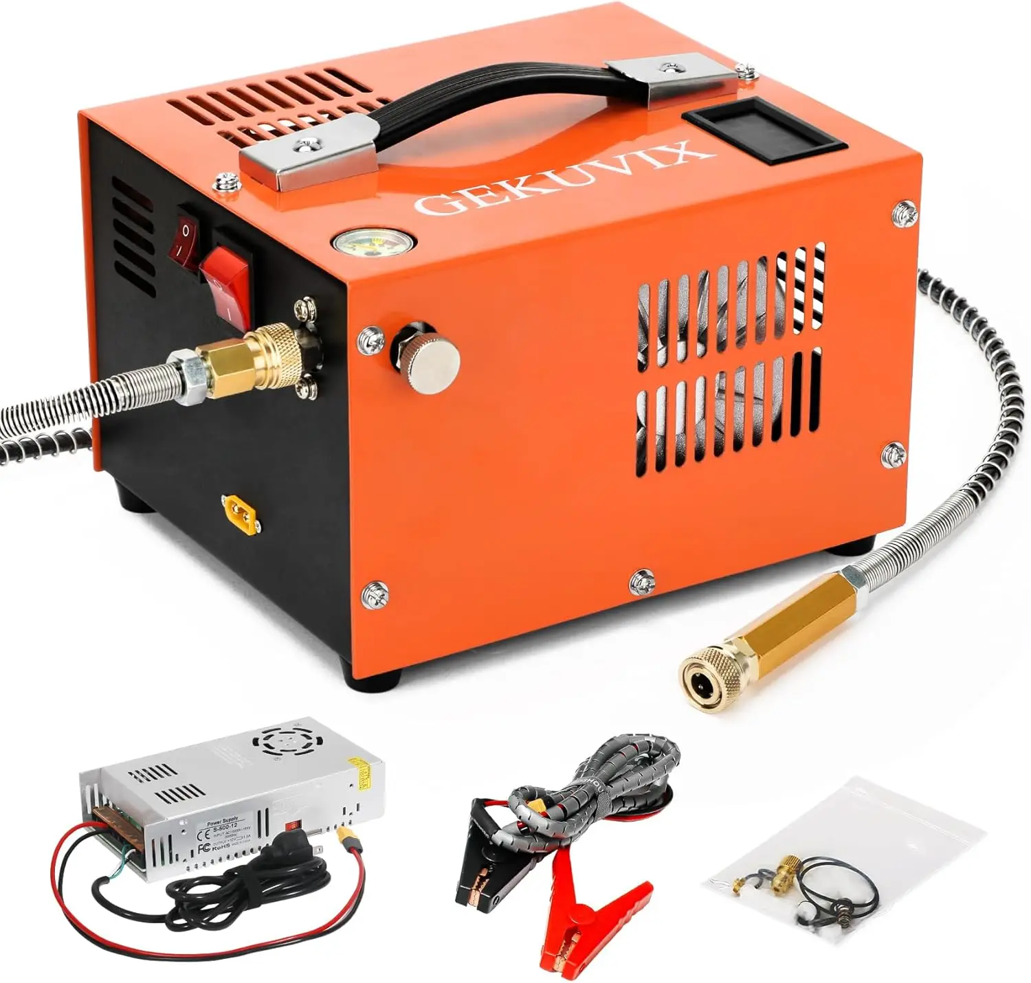 Portable PCP Air Compressor, 4500PSI/30MPa Water & Oil-Free,12V DC/110V AC Dual Power with Power Converter, Built-in Cooling Fan
Portable PCP Air Compressor, 4500PSI/30MPa Water & Oil-Free,12V DC/110V AC Dual Power with Power Converter, Built-in Cooling Fan