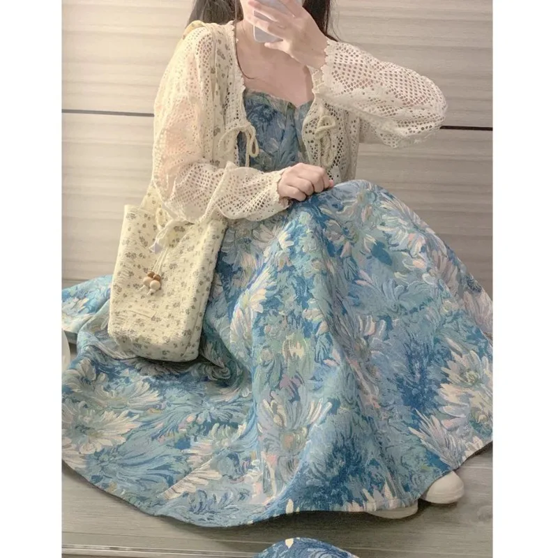 French Retro Ink Painting Suspender Dress for Women's Spring 2024 New Versatile Hollowed Out Knitted Cardigan Two-piece Set
French Retro Ink Painting Suspender Dress for Women's Spring 2024 New Versatile Hollowed Out Knitted Cardigan Two-piece Set