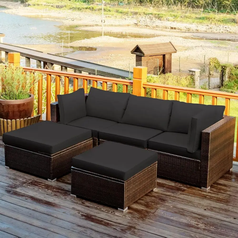 5-Piece Outdoor Sectional Sofa Set with Cushions and Coffee Table, Ideal for Backyard, Porch, Garden, and Poolside in Black Ratt
5-Piece Outdoor Sectional Sofa Set with Cushions and Coffee Table, Ideal for Backyard, Porch, Garden, and Poolside in Black Ratt