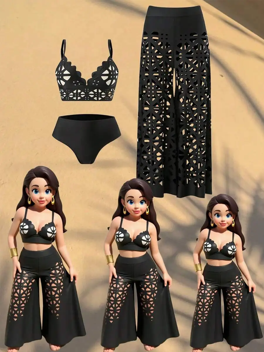 3-Piece Women’s Summer Bikini Set With Strappy Cut-Out Top, High-Waist Shorts And Geometric Lace-Up Wide-Leg Cover Up
3-Piece Women’s Summer Bikini Set With Strappy Cut-Out Top, High-Waist Shorts And Geometric Lace-Up Wide-Leg Cover Up