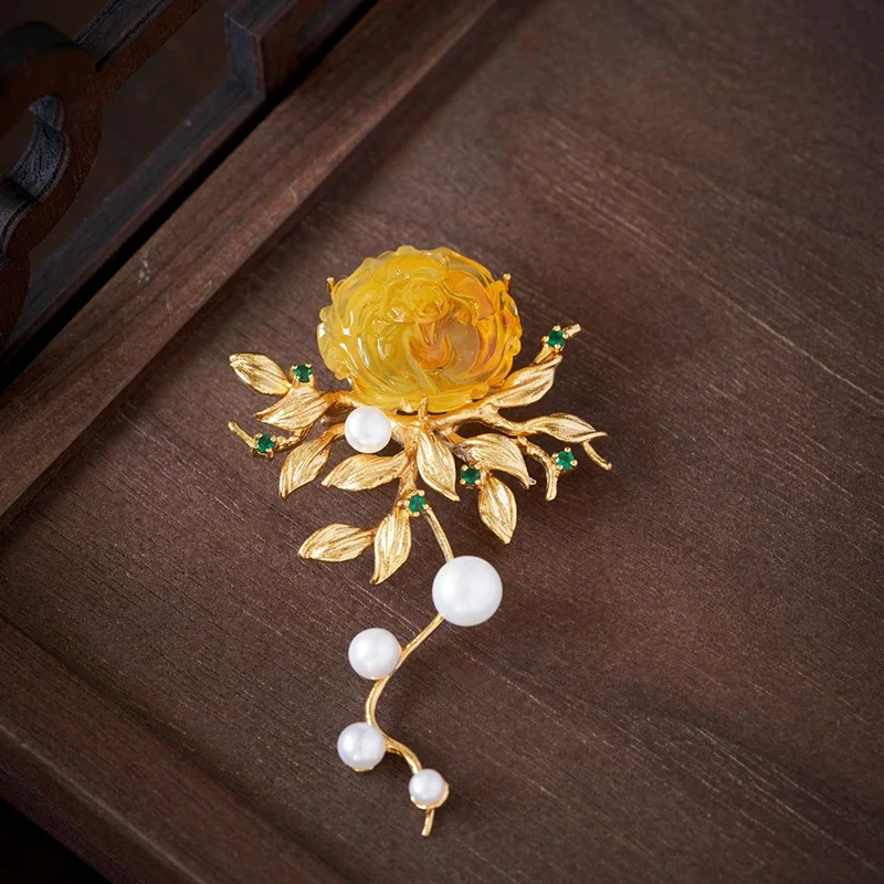 Peony Design Natural Amber Brooch Pendant, 925 Silver Chinese Style Jewelry, Convertible Dual-Use Floral Pin
Peony Design Natural Amber Brooch Pendant, 925 Silver Chinese Style Jewelry, Convertible Dual-Use Floral Pin