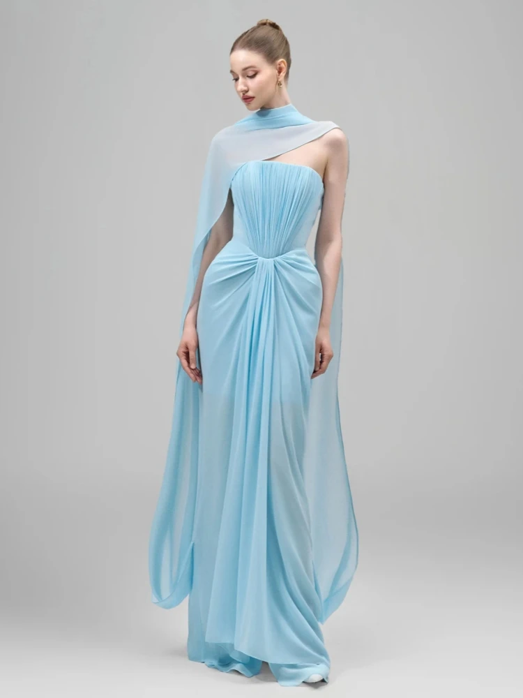 Sexy Strapless Folds Design Long Dress With Scarf Women Blue Yellow Sleeveless Ruched Pleated Slim Dresses Evening Party Gowns
Sexy Strapless Folds Design Long Dress With Scarf Women Blue Yellow Sleeveless Ruched Pleated Slim Dresses Evening Party Gowns