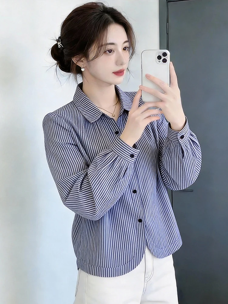 Blue Striped Collar irt Women's Slim Fit Casual Sle Long Sve Cotton Spring New Arrival Faion Ele Casual Wear
Blue Striped Collar irt Women's Slim Fit Casual Sle Long Sve Cotton Spring New Arrival Faion Ele Casual Wear