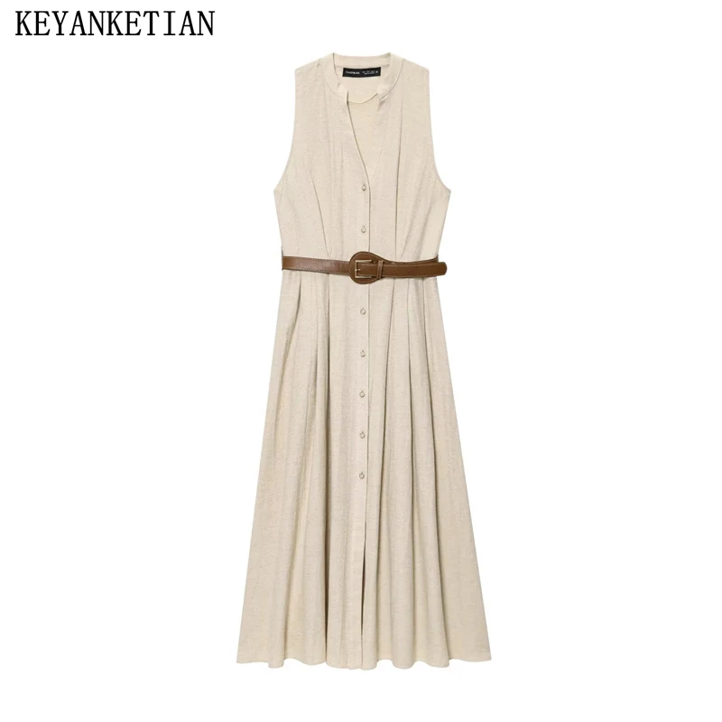 KEYANKETIAN 2025 Summer New Women's With Belt Single Breasted MIDI Dresses Office Lady V-Neck Sleeveless A Line Long Dress Khaki
KEYANKETIAN 2025 Summer New Women's With Belt Single Breasted MIDI Dresses Office Lady V-Neck Sleeveless A Line Long Dress Khaki