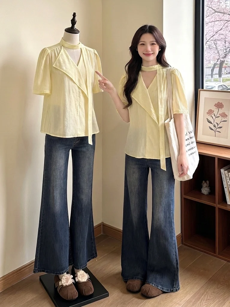 Yellow Sash Hanging Neck V-Neck Short Sleeve Shirt Women's Summer New Large Size Elegant Commuting Top Korean Style Loose Fit
Yellow Sash Hanging Neck V-Neck Short Sleeve Shirt Women's Summer New Large Size Elegant Commuting Top Korean Style Loose Fit