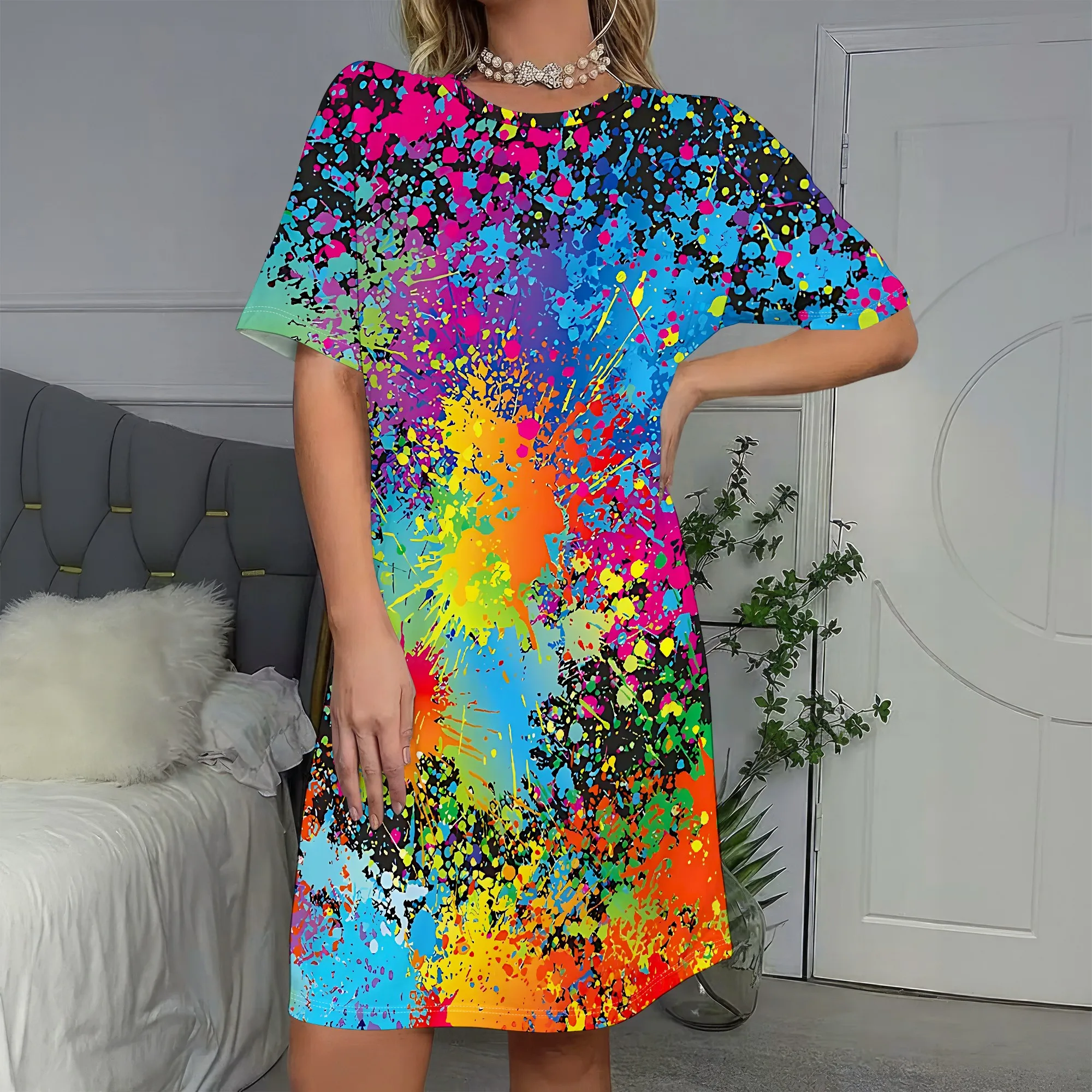 Vibrant Splatter Print, Short Sleeve Dress, Rainbow Paint Splash, Colorful Graffiti Art, Casual Summer Wear, S-2XL
Vibrant Splatter Print, Short Sleeve Dress, Rainbow Paint Splash, Colorful Graffiti Art, Casual Summer Wear, S-2XL