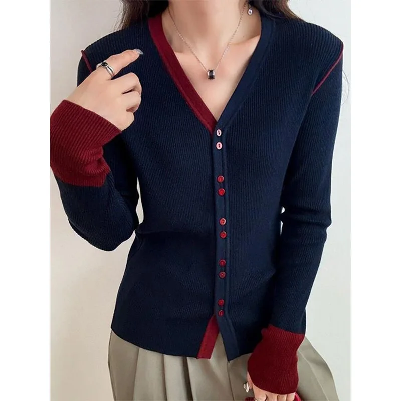 Women Knitwear Fashion Patchwork V-neck Thin Sweaters Spring Long Sleeve Casual Knitted Cardigan Office Lady Slim Tops
Women Knitwear Fashion Patchwork V-neck Thin Sweaters Spring Long Sleeve Casual Knitted Cardigan Office Lady Slim Tops