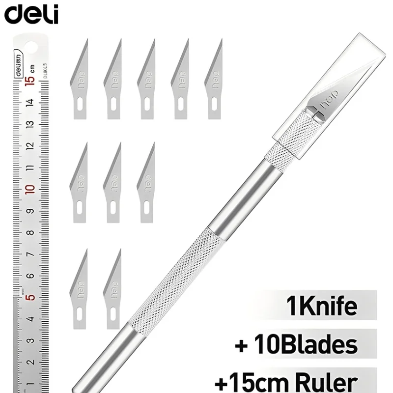 Deli Aluminum Alloy Carving Knife Non-slip Art Knife DIY Hand Carving Knife Set with 1Pcs Steel 15CM Ruler 10Pcs Blade Kit
Deli Aluminum Alloy Carving Knife Non-slip Art Knife DIY Hand Carving Knife Set with 1Pcs Steel 15CM Ruler 10Pcs Blade Kit