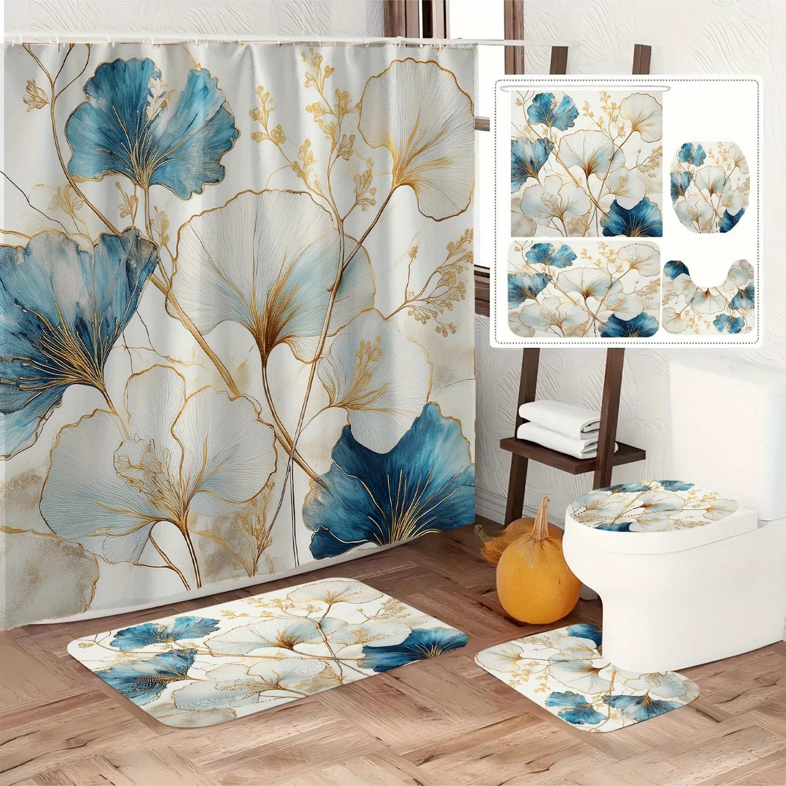 Elegant Blue and Gold Leaf Bathroom 4-Piece Set: Shower Curtain, Bath Mat, Toilet Cover, Tank Cover – Luxurious Decor
Elegant Blue and Gold Leaf Bathroom 4-Piece Set: Shower Curtain, Bath Mat, Toilet Cover, Tank Cover – Luxurious Decor