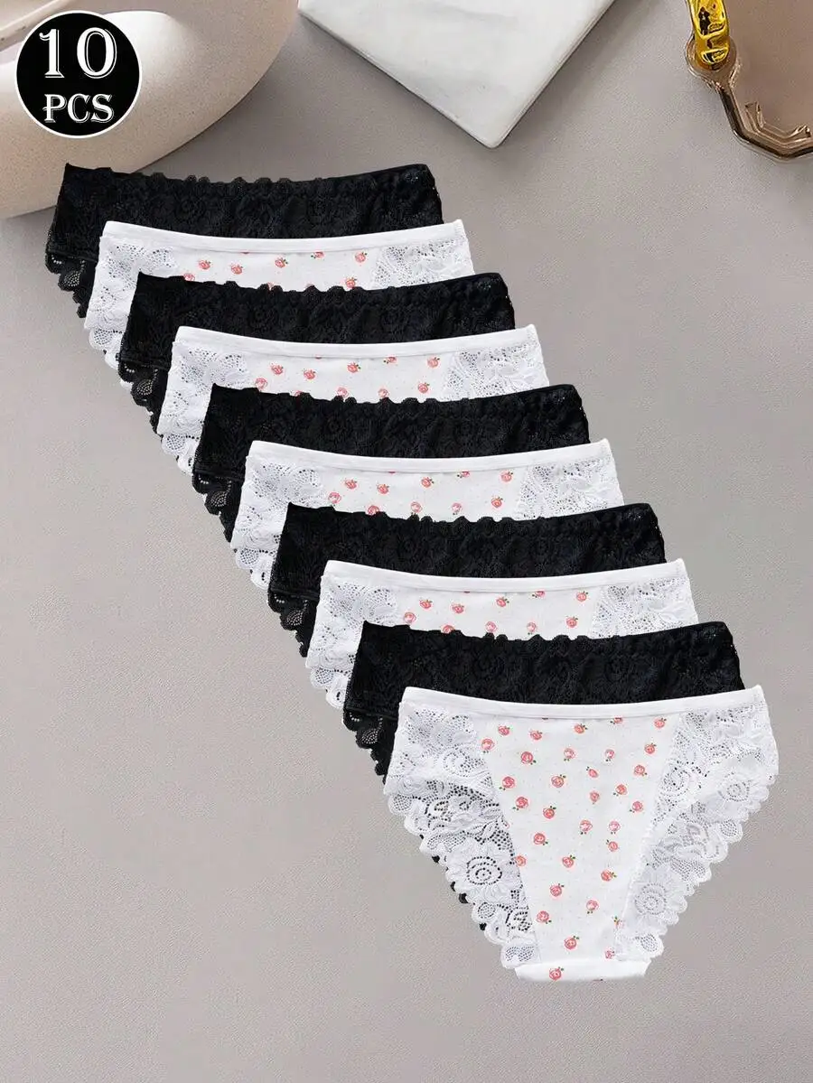 10pcs Elegant Lace Women Panties Solid And Floral Print Briefs
10pcs Elegant Lace Women Panties Solid And Floral Print Briefs